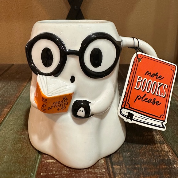White Ghost Mug with Glasses and Book - Picture 1 of 4
